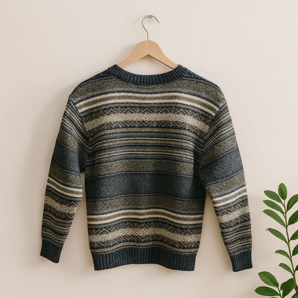 Vintage 90s Silverlake Knit Striped Crewneck Sweater Men’s L Warm Retro Pullover - Picture 2 of 6